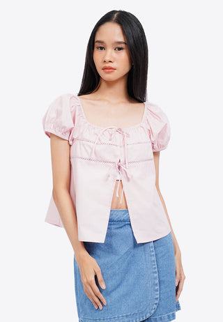 Tied Front Puff Sleeves Blouse