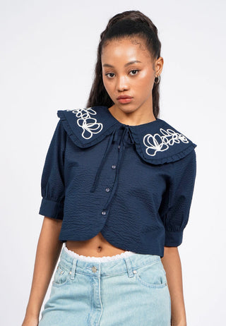 Embroidered Wide Collar Crop Blouse