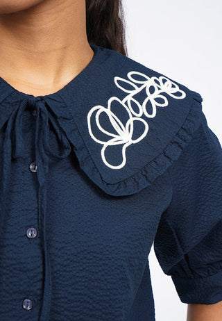 Embroidered Wide Collar Crop Blouse