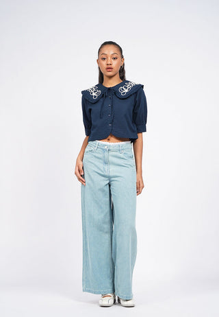 Embroidered Wide Collar Crop Blouse