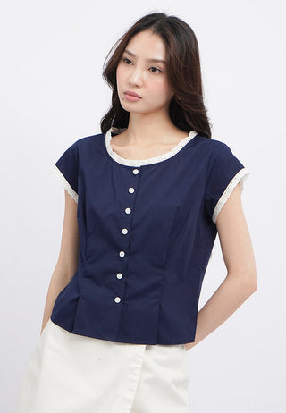 Buttoned Short Sleeve Lace Top