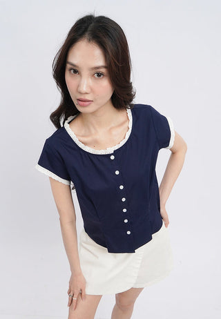 Buttoned Short Sleeve Lace Top