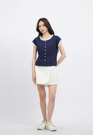 Buttoned Short Sleeve Lace Top