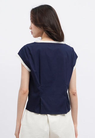 Buttoned Short Sleeve Lace Top
