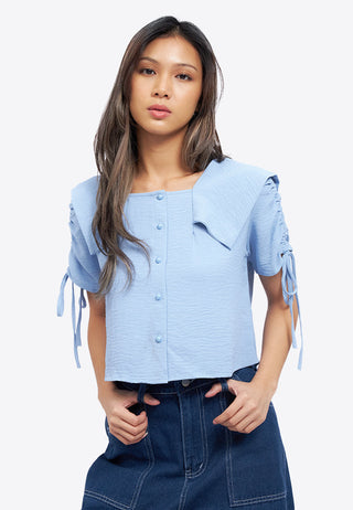 Ruched Sleeve Wide Collar Blouse