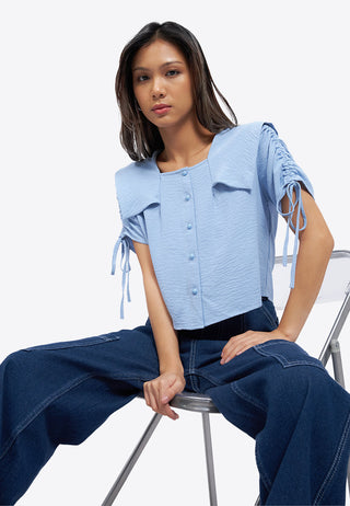 Ruched Sleeve Wide Collar Blouse