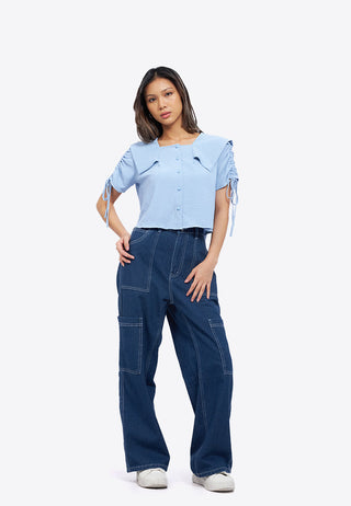 Ruched Sleeve Wide Collar Blouse