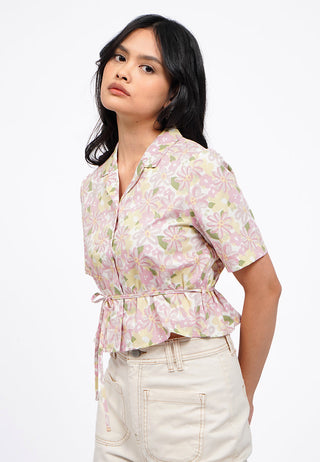 Belted Short Sleeve Printed Blouse