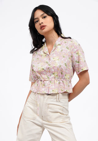 Belted Short Sleeve Printed Blouse