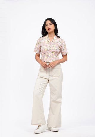 Belted Short Sleeve Printed Blouse