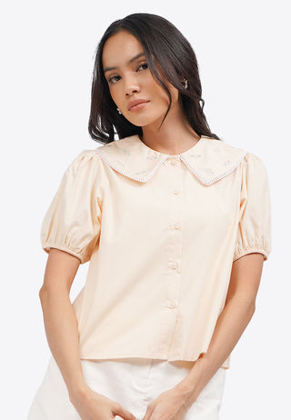 Printed Collar Puff Sleeve Blouse