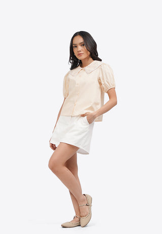 Printed Collar Puff Sleeve Blouse