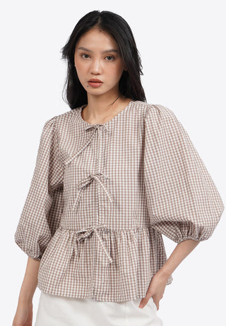 Puff Sleeve Gingham Blouse with Bow