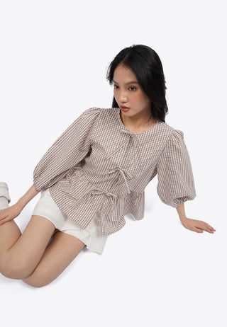 Puff Sleeve Gingham Blouse with Bow