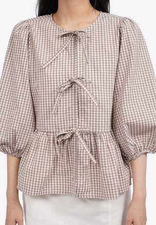 Puff Sleeve Gingham Blouse with Bow
