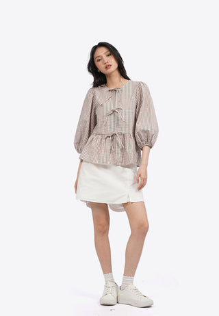 Puff Sleeve Gingham Blouse with Bow