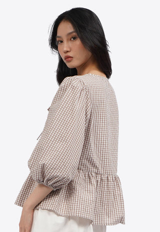 Puff Sleeve Gingham Blouse with Bow
