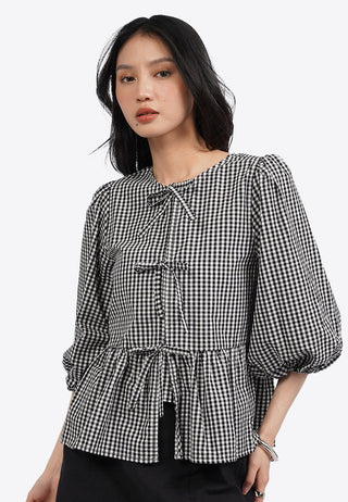 Puff Sleeve Gingham Blouse with Bow