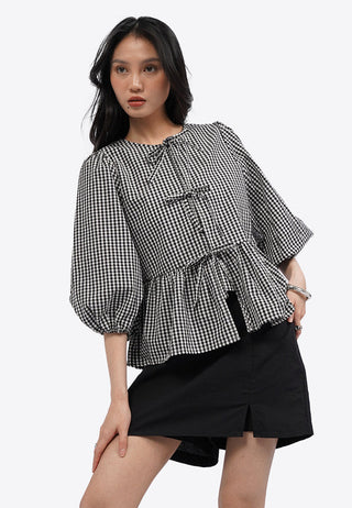 Puff Sleeve Gingham Blouse with Bow