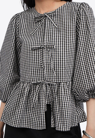 Puff Sleeve Gingham Blouse with Bow