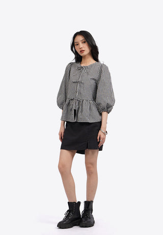 Puff Sleeve Gingham Blouse with Bow