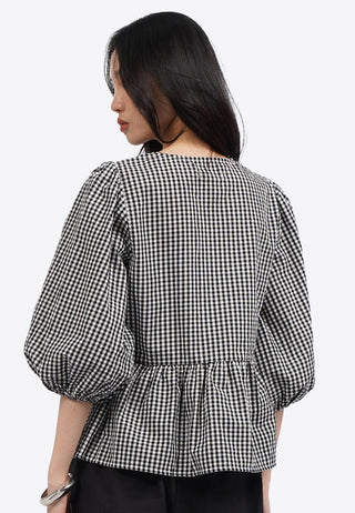 Puff Sleeve Gingham Blouse with Bow