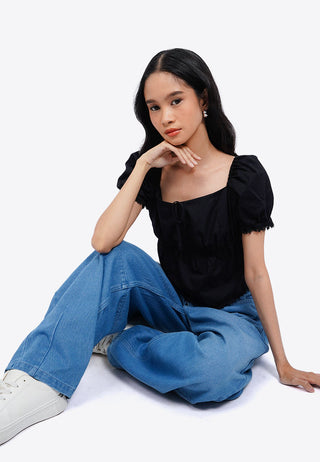 Ruched Puff Sleeve Crop Blouse