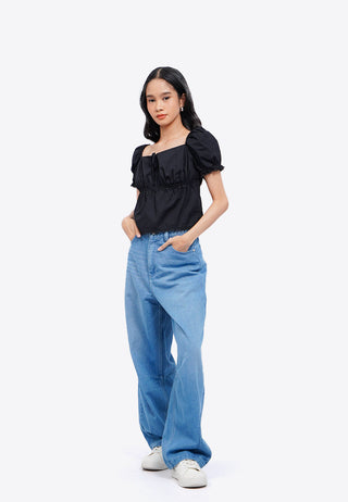 Ruched Puff Sleeve Crop Blouse
