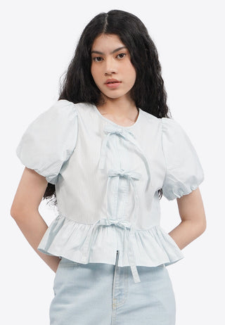 Puff Sleeve Blouse with Front Ribbon