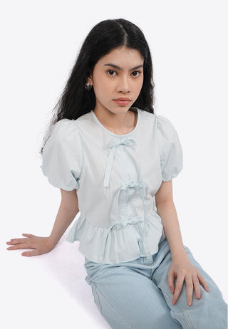 Puff Sleeve Blouse with Front Ribbon