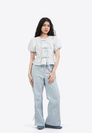 Puff Sleeve Blouse with Front Ribbon