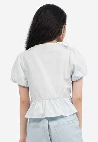 Puff Sleeve Blouse with Front Ribbon