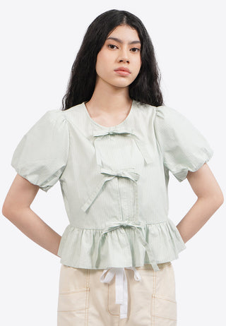 Puff Sleeve Blouse with Front Ribbon
