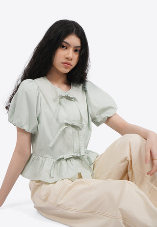 Puff Sleeve Blouse with Front Ribbon