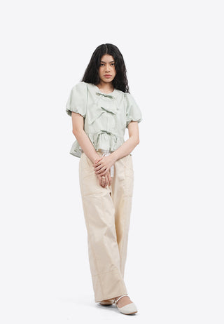 Puff Sleeve Blouse with Front Ribbon