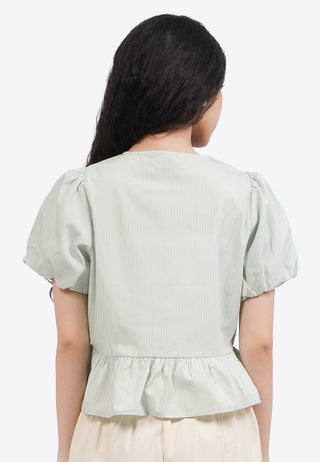 Puff Sleeve Blouse with Front Ribbon