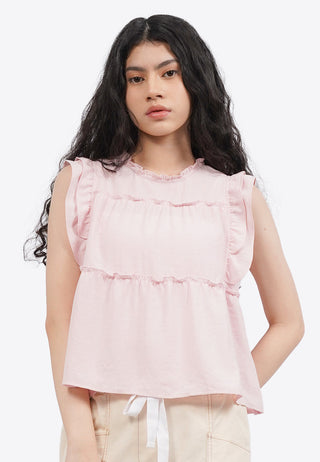 Round Neck Sleeveless Top with Frill Details
