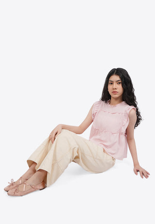 Round Neck Sleeveless Top with Frill Details