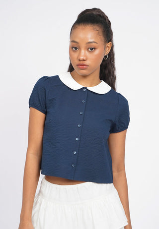 Contrast Collar Puff Sleeve Blouse
