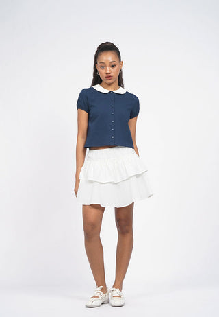 Contrast Collar Puff Sleeve Blouse