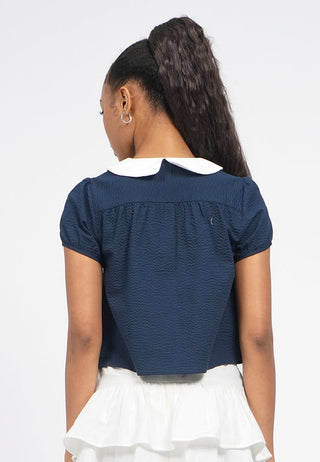 Contrast Collar Puff Sleeve Blouse