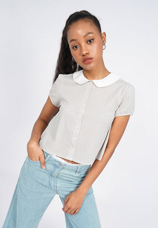 Contrast Collar Puff Sleeve Blouse