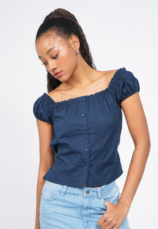 Puff Sleeve Pintuck Crop Blouse
