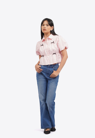 Short Sleeve Blouse with Ribbon Details