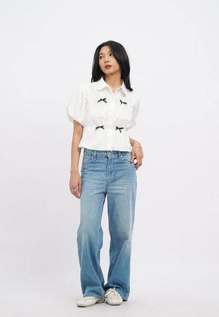 Puff Sleeve Shirt with Contrast Bow