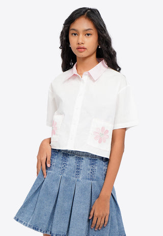 Embroidered Pocket Crop Blouse