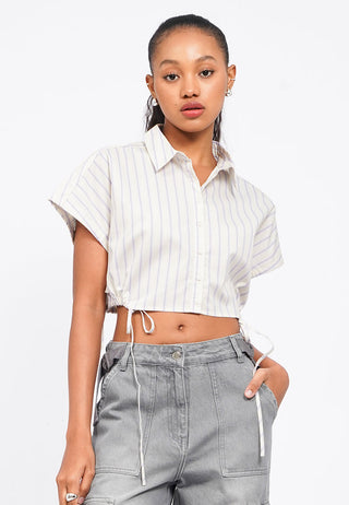 Drawstring Details Stripes Crop Shirt