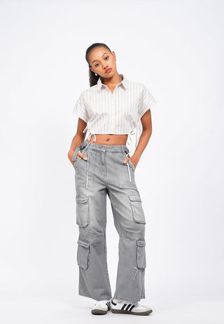 Drawstring Details Stripes Crop Shirt