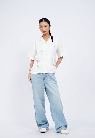 Embroidered Notch Collar Blouse