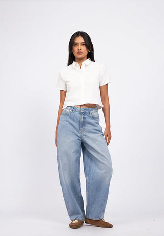 Scallop Trim Short Sleeve Crop Blouse